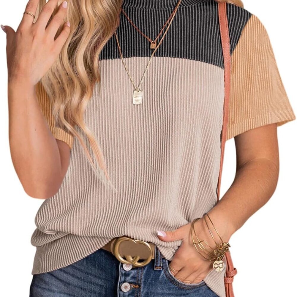 Womens Color Block Fashion Short Sleeve Crewneck Knitted Spring Summer Casual Lo